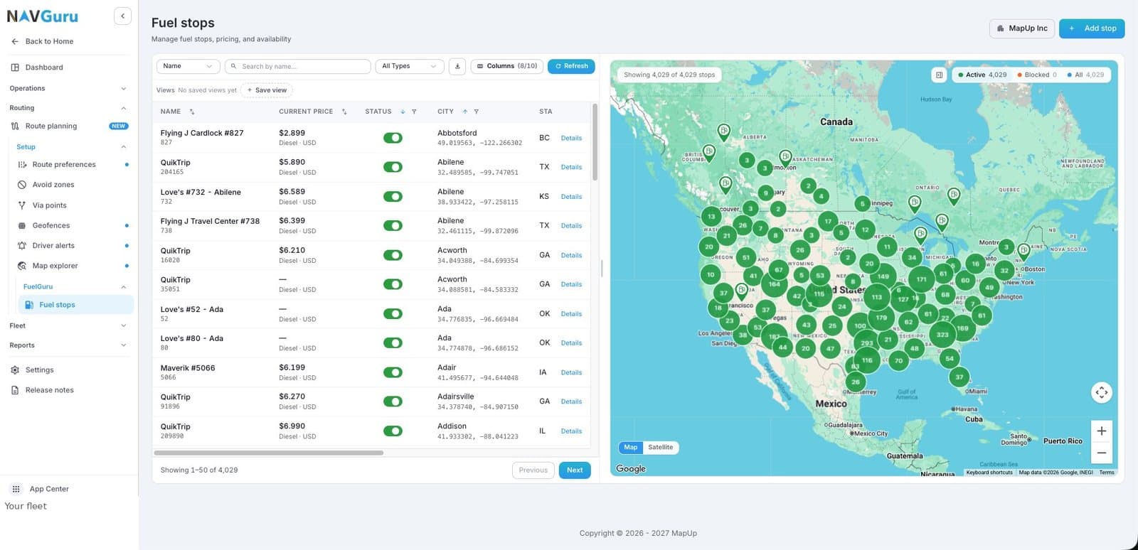 FuelGuru fuel stops in the dashboard: the fleet's network with current diesel price per stop, active or blocked, across the US and Canada. Blocking a stop re-prescribes every affected trip.