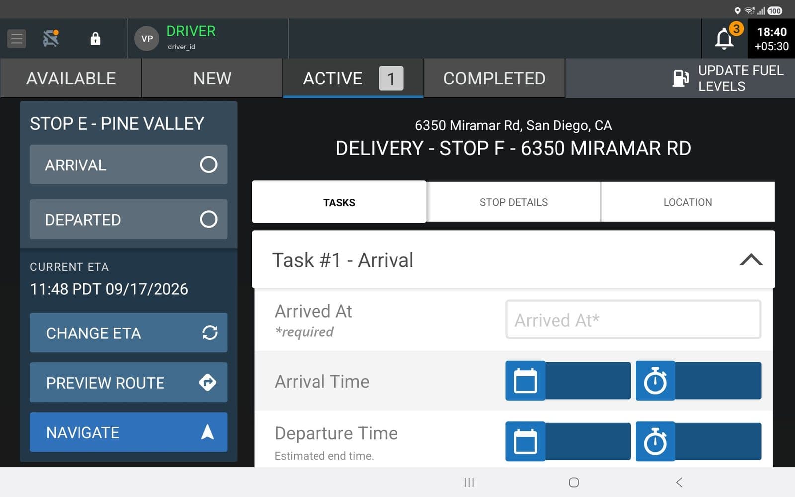Platform Science Workflow, next stop: Arrival, Departed and Navigate are live. Navigate opens NavGuru with this stop.