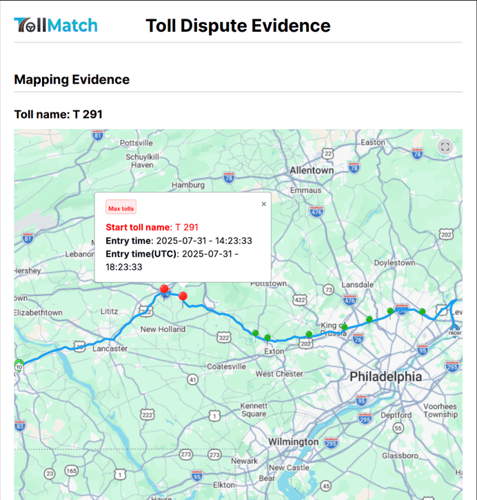 The mapping page: the GPS track with the actual entry and exit against the billed toll.