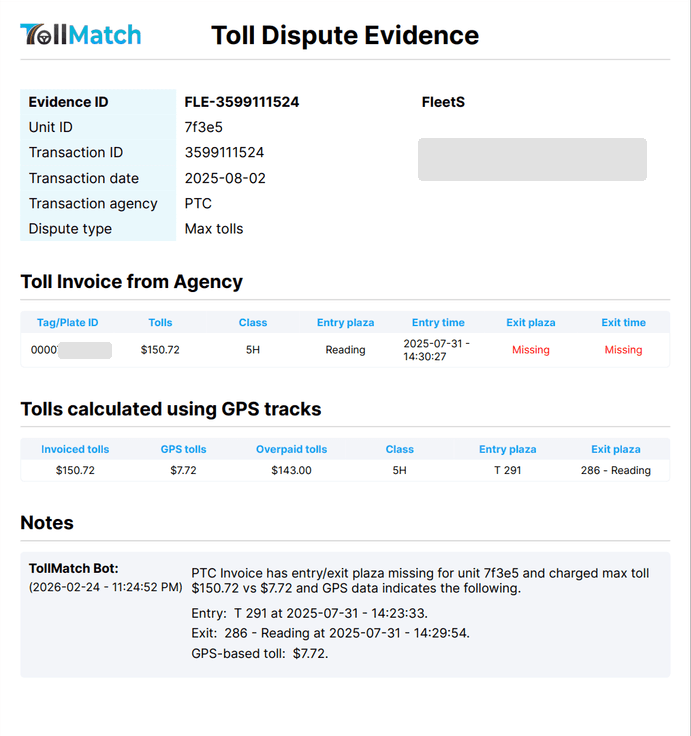 The evidence report as the agency receives it. Names and account numbers masked.