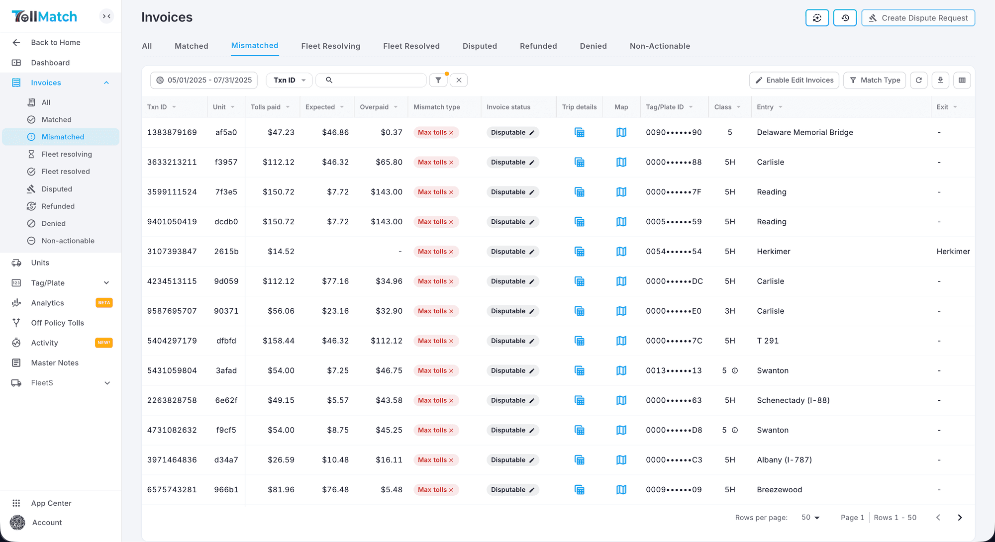 One row per posted transaction. The row actions open the trip, the map, the notes and the dispute report.