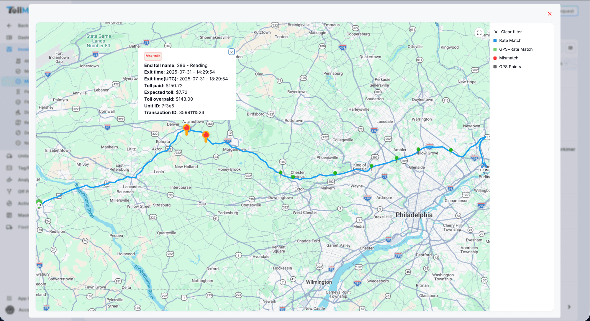 The map is what the agency sees in the dispute: where the truck entered, where it left, and the fare that distance should carry.