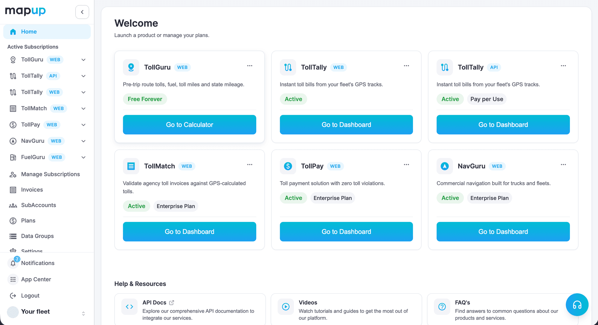 TollMatch sits next to your other MapUp products under the same login.